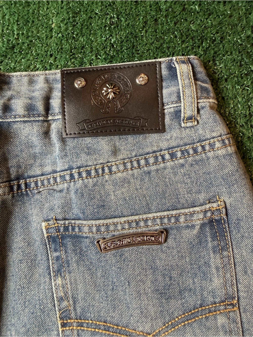 Light Blue Men’s Straight Denim Jeans with Black & White Cross Patches - Picture 5 of 11